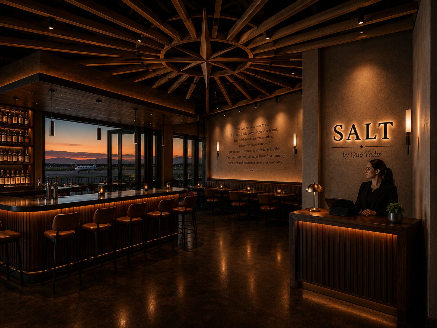 SALT dining room and whiskey bar with runway view at dusk