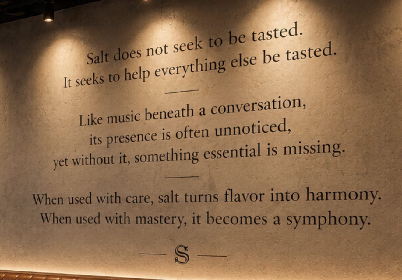 Close-up of the SALT motto printed on the restaurant’s textured feature wall